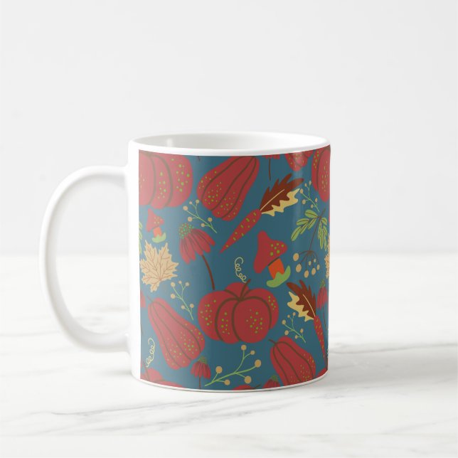 Pumpkin and carrot  seamless pattern red and blue coffee mug (Left)