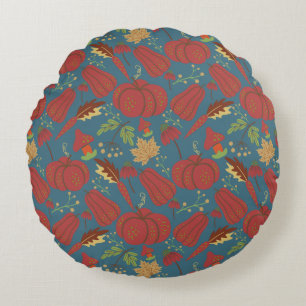 Pumpkin and carrot  seamless pattern red and blue round cushion