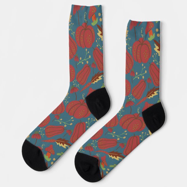 Pumpkin and carrot  seamless pattern red and blue  socks (Left)