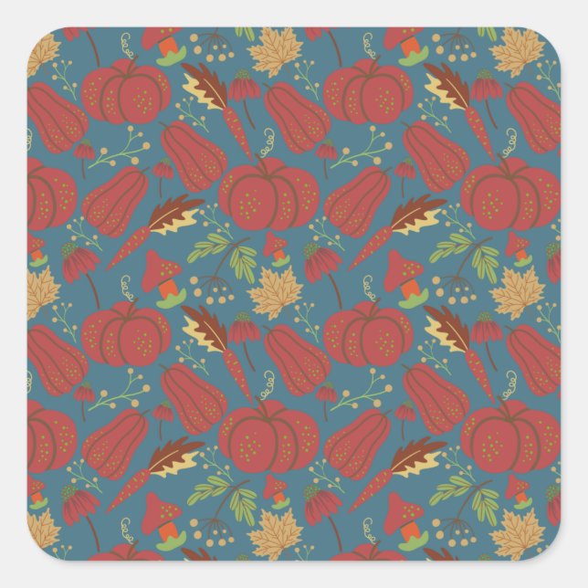 Pumpkin and carrot  seamless pattern red and blue square sticker (Front)