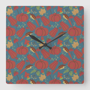 Pumpkin and carrot  seamless pattern red and blue square wall clock