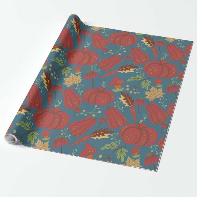 Pumpkin and carrot  seamless pattern red and blue wrapping paper (Unrolled)
