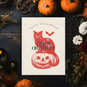 Pumpkin and Cat Vintage Trick or Treat Halloween Postcard