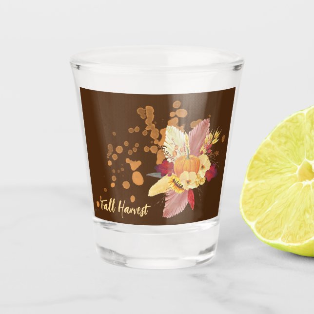 Pumpkin And Fall Flowers Shot Glass (Front)