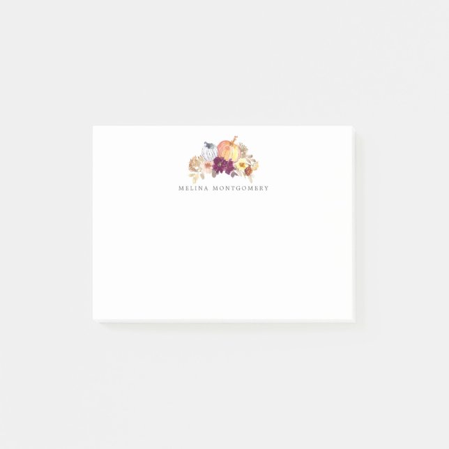 Pumpkin and Flowers Fall Personalised Post-it Notes (Front)