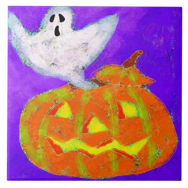 Pumpkin and Ghost Abstract Halloween Art Ceramic Tile (Front)