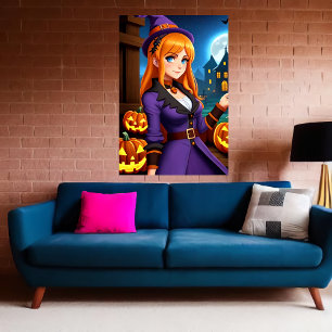 Pumpkin and lady in purple clothes AI Art Poster