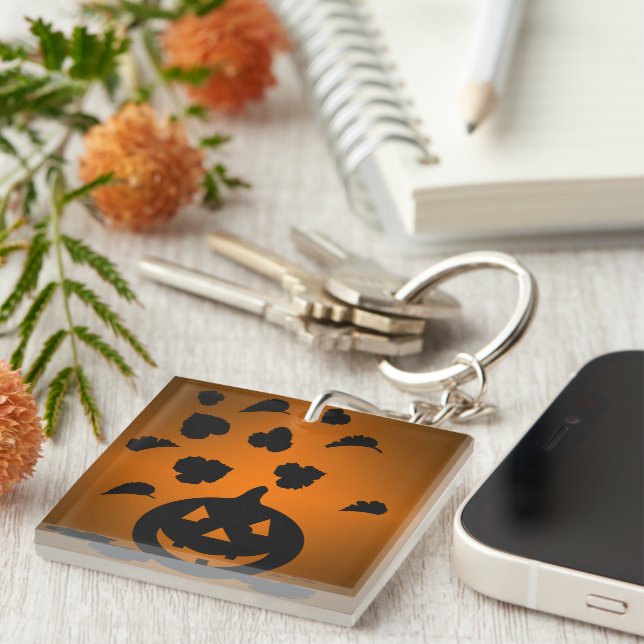 Pumpkin and Leaves Silhouette Key Ring (Front Right)