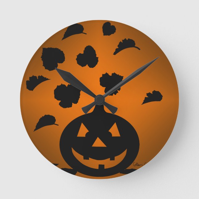 Pumpkin and Leaves Silhouette Round Clock (Front)