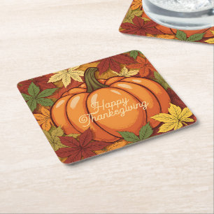 Pumpkin and Leaves Thanksgiving Square Paper Coaster
