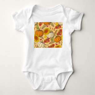 Pumpkin and Maple Leaves Pattern. Baby Bodysuit