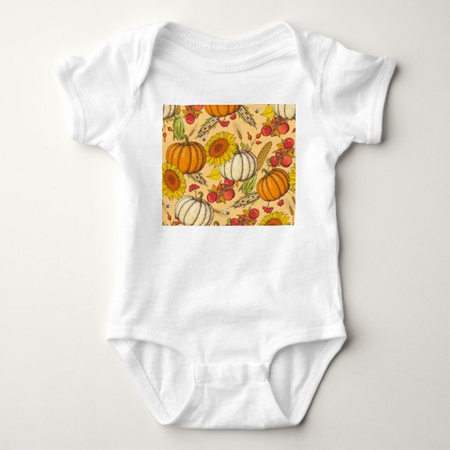 Pumpkin and Maple Leaves Pattern. Baby Bodysuit (Front)