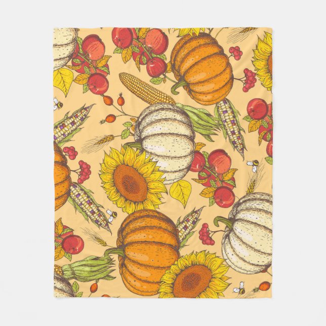 Pumpkin and Maple Leaves Pattern. Fleece Blanket (Front)