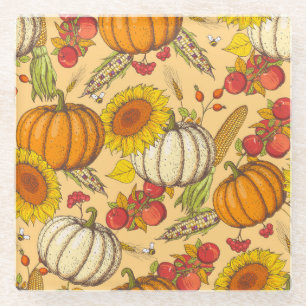 Pumpkin and Maple Leaves Pattern. Glass Coaster
