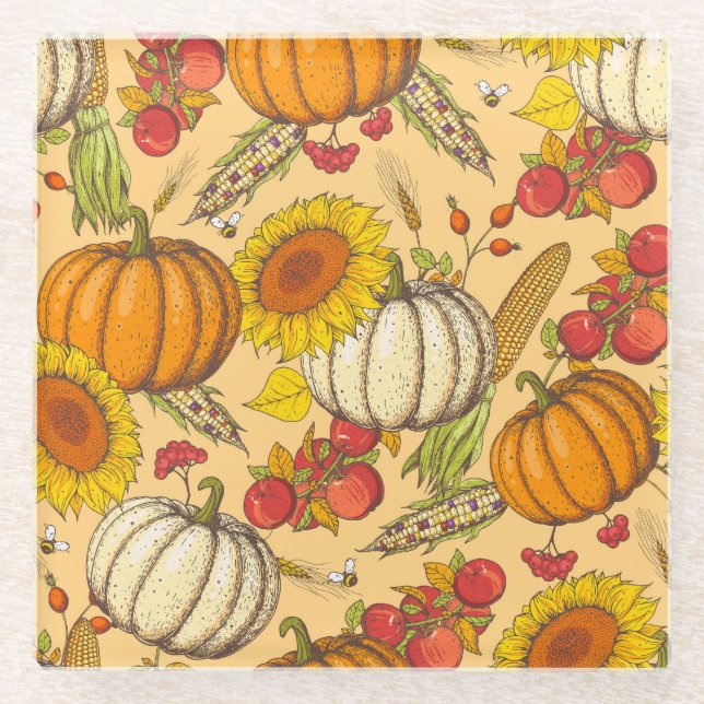 Pumpkin and Maple Leaves Pattern. Glass Coaster (Front)