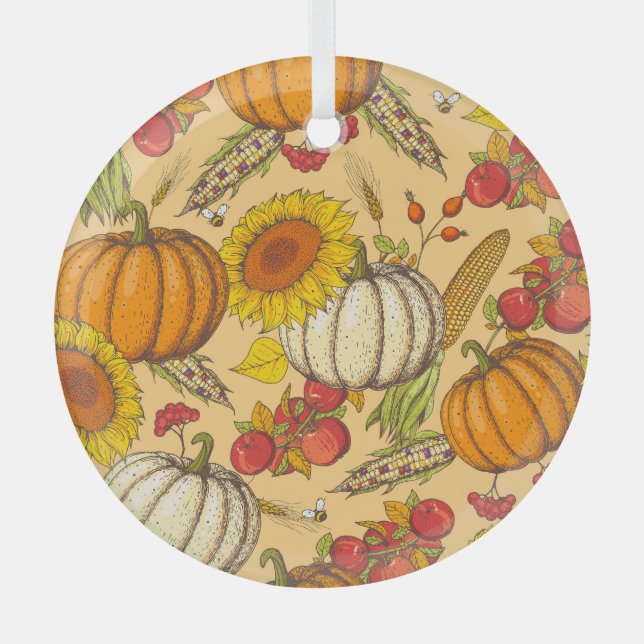 Pumpkin and Maple Leaves Pattern. Glass Tree Decoration (Front)