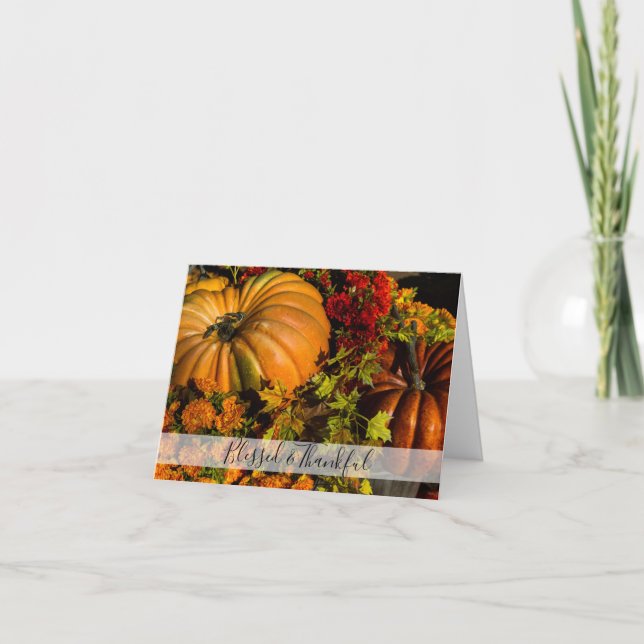 Pumpkin and Mum Arrangement Thanksgiving Holiday Card (Front)