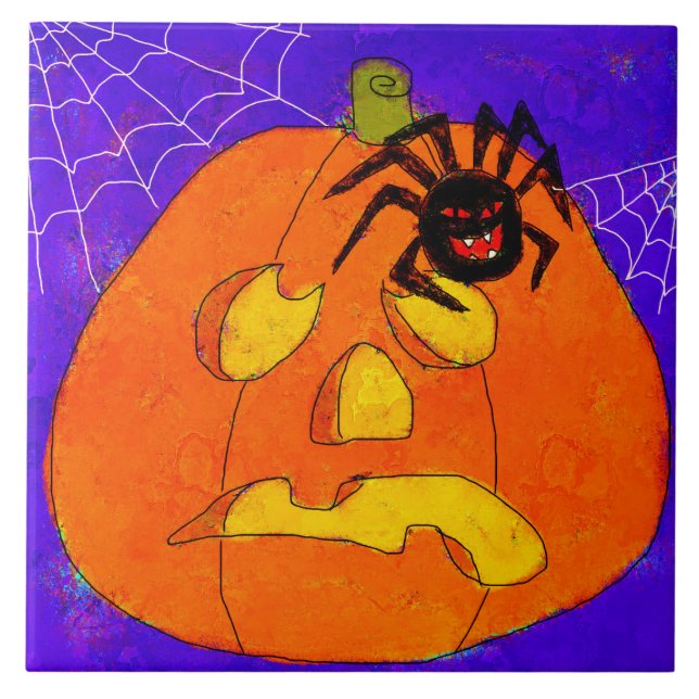 Pumpkin and Spider Abstract Halloween Art Ceramic Tile (Front)