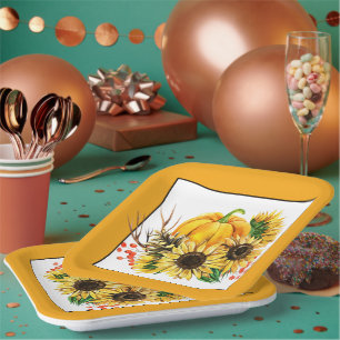 Pumpkin and sunflowers autumn paper plate