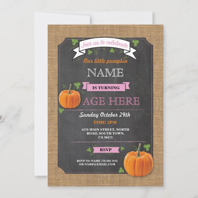 Pumpkin Any Age Birthday Party Pink Girl Invite (Front)