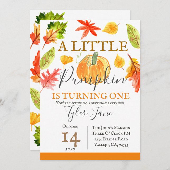 Pumpkin autumn fall kid birthday party invitation (Front/Back)