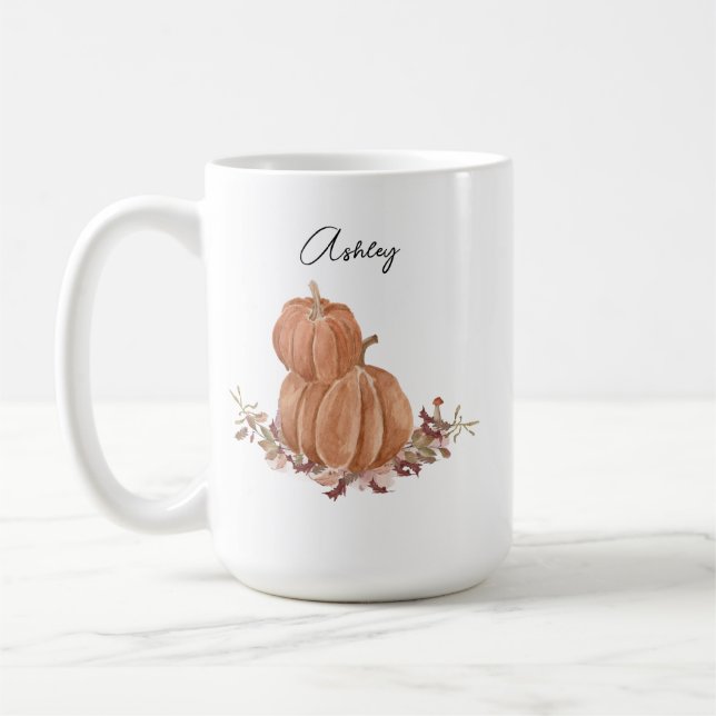 Pumpkin Autumn Fall Personalised Name Thanksgiving Coffee Mug (Left)