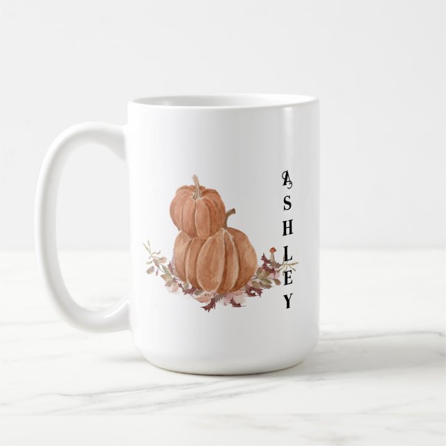 Pumpkin Autumn Fall Personalised Name Thanksgiving Coffee Mug (Left)