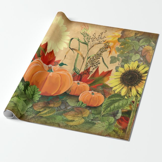 Pumpkin Autumn Fall Sunflower Wrapping Paper (Unrolled)