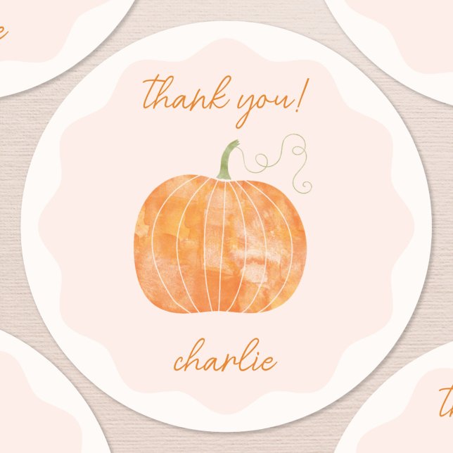 Pumpkin Autumn Fall Thank You Personalised Classic Round Sticker (Fun personalized watercolor pumpkin autumn fall thank you sticker)