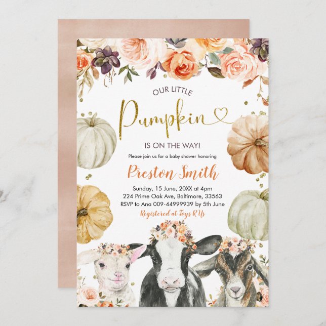 Pumpkin Autumn Floral Farm Baby Shower Invitation (Front/Back)