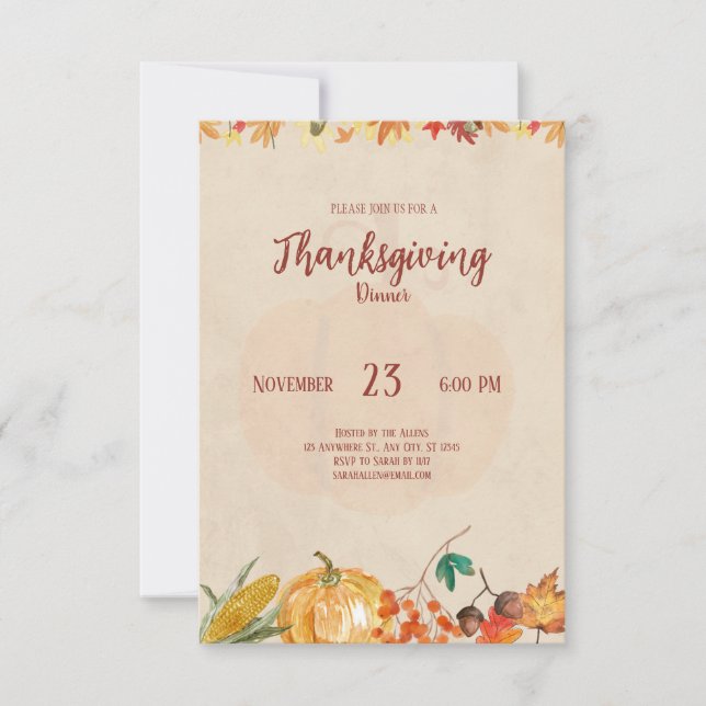 Pumpkin Autumn Leaf Thanksgiving Dinner Invitation (Front)