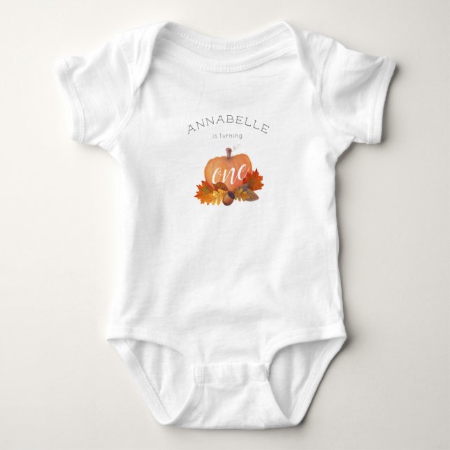 Pumpkin Autumn Leaves 1st Birthday Baby Bodysuit (Front)