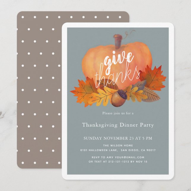 Pumpkin Autumn Leaves Blue Thanksgiving Dinner Invitation (Front/Back)