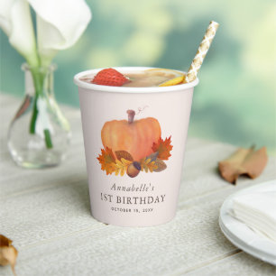 Pumpkin Autumn Leaves Blush Pink Birthday Paper Cups