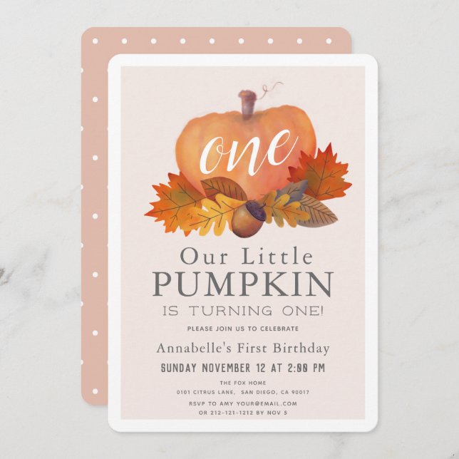 Pumpkin Autumn Leaves Blush Pink Girl 1st Birthday Invitation (Front/Back)
