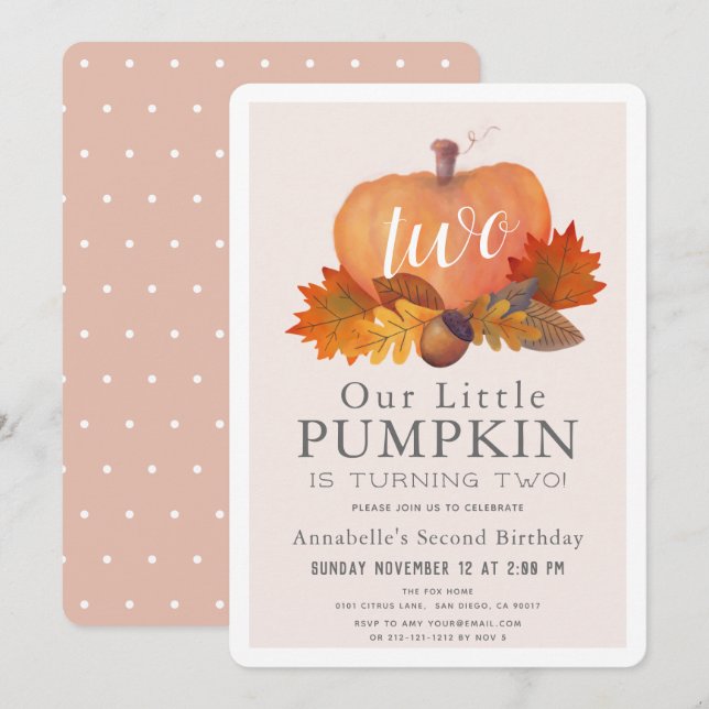 Pumpkin Autumn Leaves Blush Pink Girl 2nd Birthday Invitation (Front/Back)