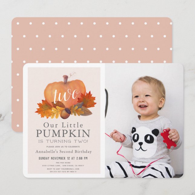 Pumpkin Autumn Leaves Pink Girl Photo 2nd Birthday Invitation (Front/Back)
