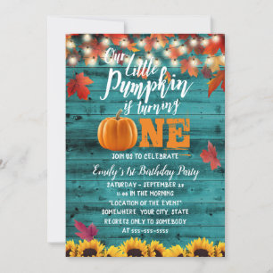 Pumpkin Autumn Leaves Teal Sunflower 1st Birthday Invitation