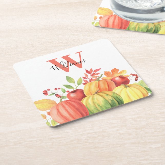 Pumpkin Autumn Monogram Name Square Paper Coaster (Angled)