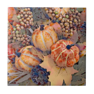 Pumpkin Autumn Orange Leaves Digital Painting Ceramic Tile