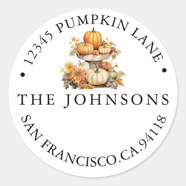 Pumpkin Autumn | Rustic Address Classic Round Sticker (Front)