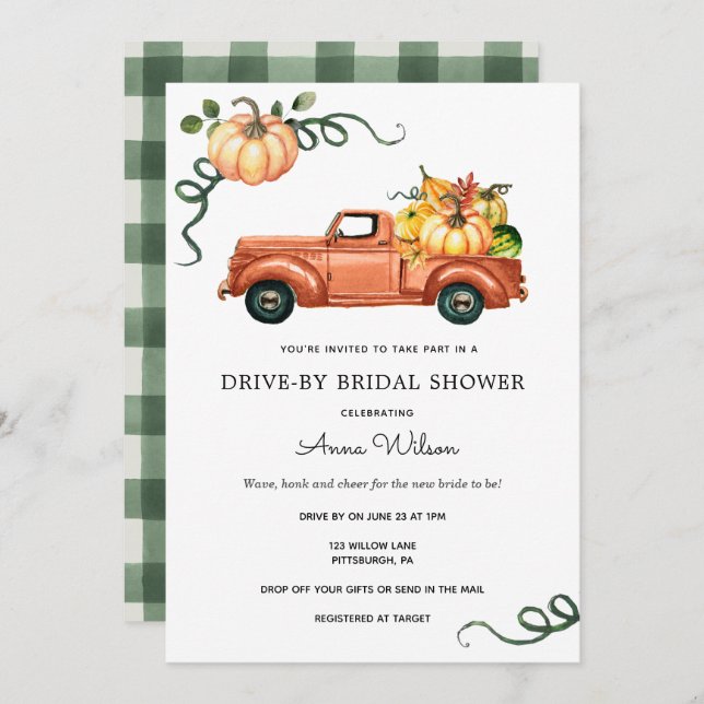 Pumpkin Autumn Truck Drive by Bridal Shower Invitation (Front/Back)