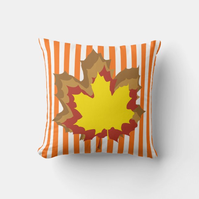 Pumpkin Autumnal Stripes with Leaves Cushion (Front)