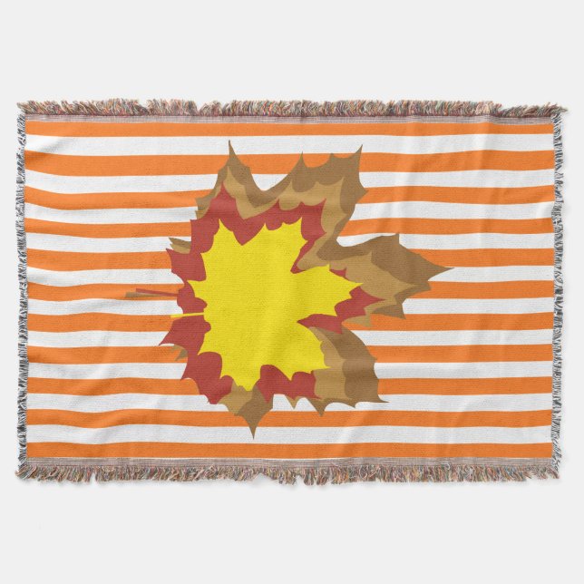 Pumpkin Autumnal Stripes with Leaves Throw Blanket (Front)