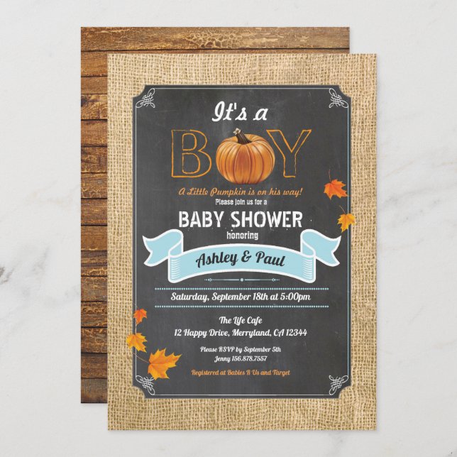 Pumpkin baby boy shower burlap wood chalk invitation (Front/Back)