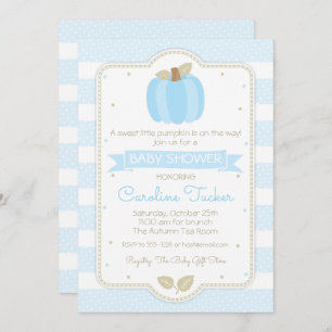 Pumpkin Baby Boy Shower Invitation - Blue Stripes