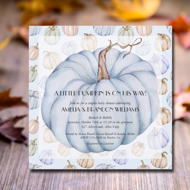Pumpkin Baby Boy Shower Invitations (Blue pumpkins boy baby square shower invitations, INSTANT DOWNLOAD and/or PRINTED)