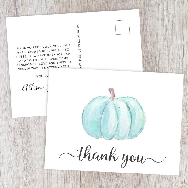 Pumpkin Baby Boy Shower Thank You Postcard (Creator Uploaded)