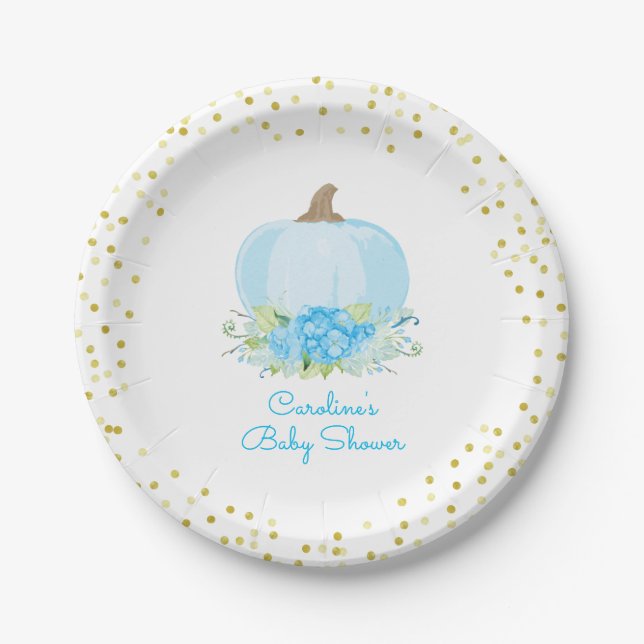 Pumpkin Baby Boy Shower Watercolor Floral Paper Plate (Front)