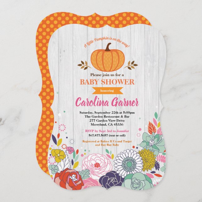 Pumpkin baby girl shower invitation flower rustic (Front/Back)